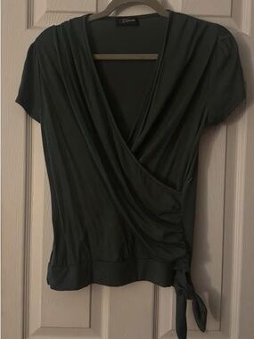 CAbi Dark Green Short-Sleeve Wrap Top with Side Tie